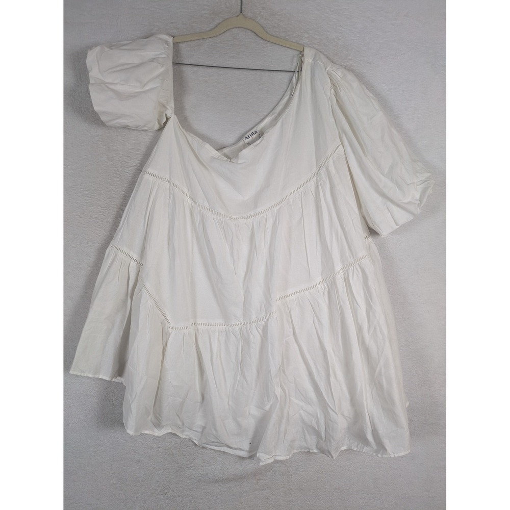 NEW Arula Dress Women's 2X White One Shoulder Tiered Linen Blend Puff Sleeve